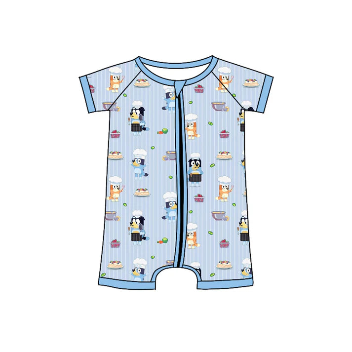 Preorder (moq 5)Baby Boys Blue Stripe Short Sleeves Cartoon Dogs Zipper Rompers 4.25