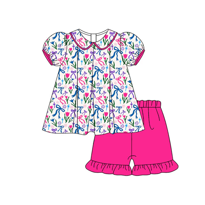 Preorder (moq 5)Baby Girls Short Ruffle Sleeves Colorful Bows Flowers Tunic Pink Ruffle Short Set 4.26