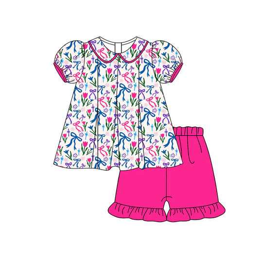 Preorder (moq 5)Baby Girls Short Ruffle Sleeves Colorful Bows Flowers Tunic Pink Ruffle Short Set 5.14