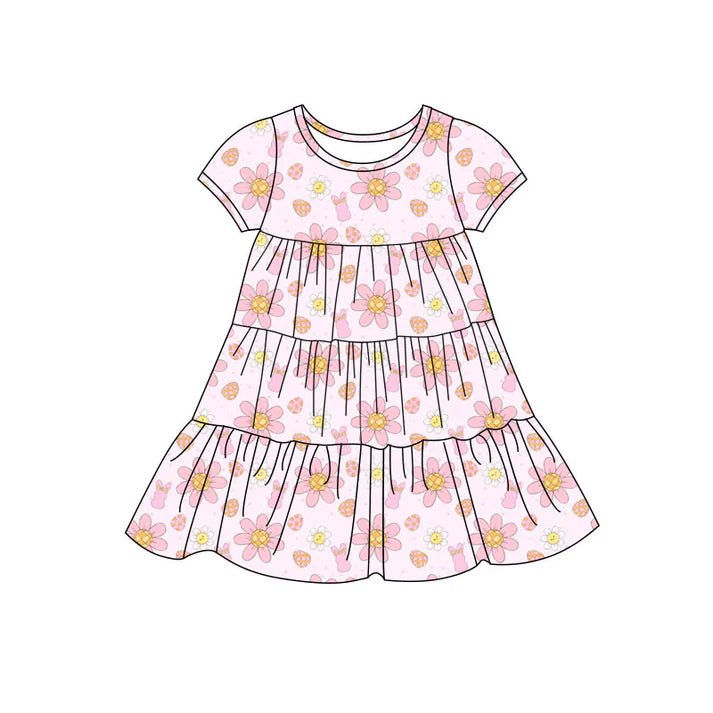 Preorder(moq 5) Baby Girls Rabbits Flowers Easter Patchwork Ruffle Knee Length Dresses 11.7