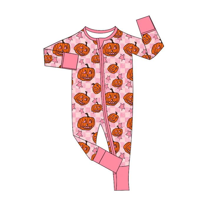 Preorder (moq 5)Baby Girls Pink Long Sleeves Plaid Stars Pumpkins Zipper Rompers 5.17
