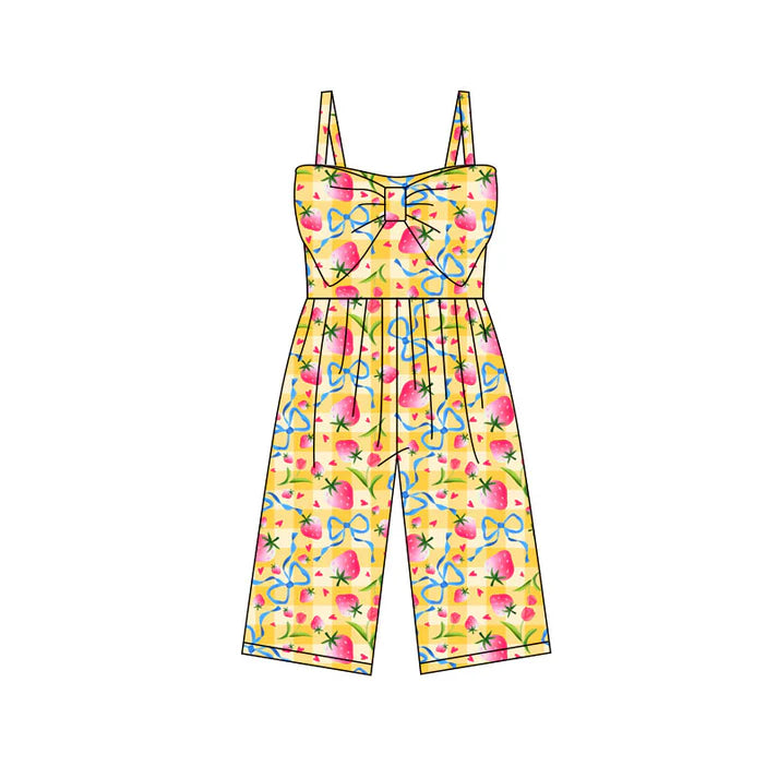 Preorder (moq 5)Baby Girls Strap Yellow Checked Bow Strawberry Hearts Valentines Jumpsuits 11.28