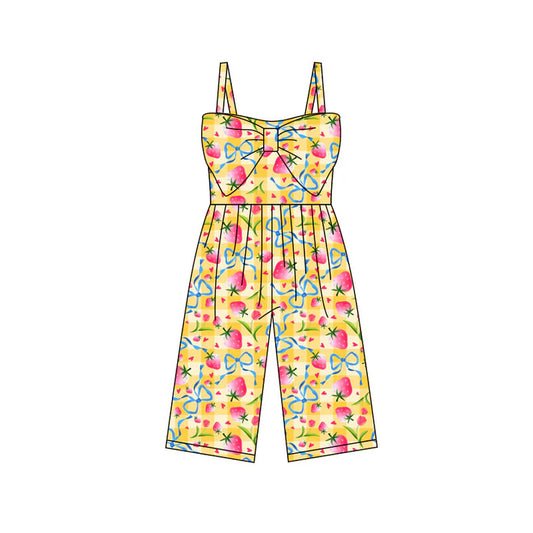 Preorder (moq 5)Baby Girls Strap Yellow Checked Bow Strawberry Hearts Valentines Jumpsuits 11.28