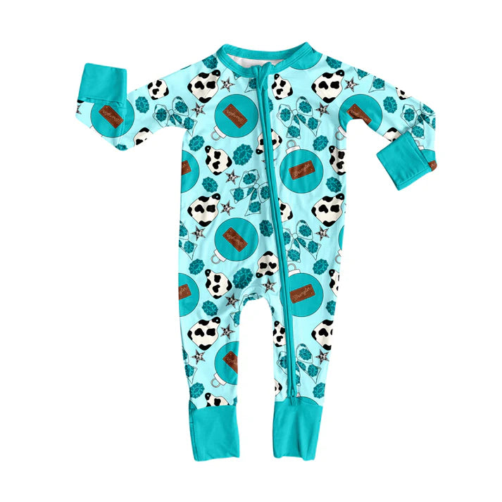 preorder(moq 5)Baby Infant Boys Long Sleeves Cow Print Turquoise Bows Zipper Rompers 7.31