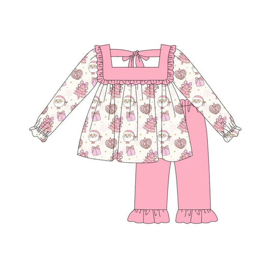 Preorder (moq 5)Baby Girls Pink Long Sleeves Santa Trees Tunic Ruffle Pant Sets 6.10