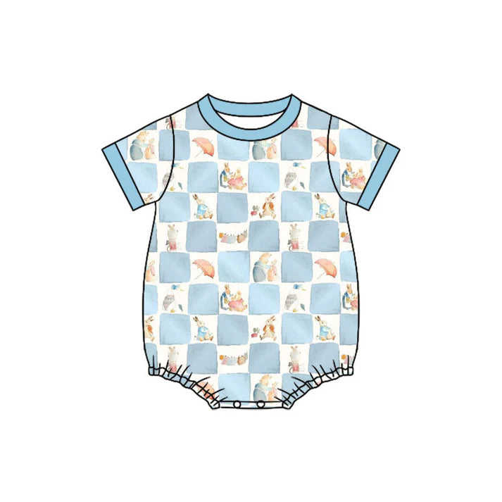 Preorder (moq 5)Baby Boys Short Sleeve Blue Checked Rabbits Easter Rompers 11.19