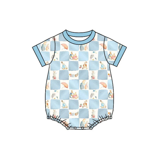 Preorder (moq 5)Baby Boys Short Sleeve Blue Checked Rabbits Easter Rompers 11.19