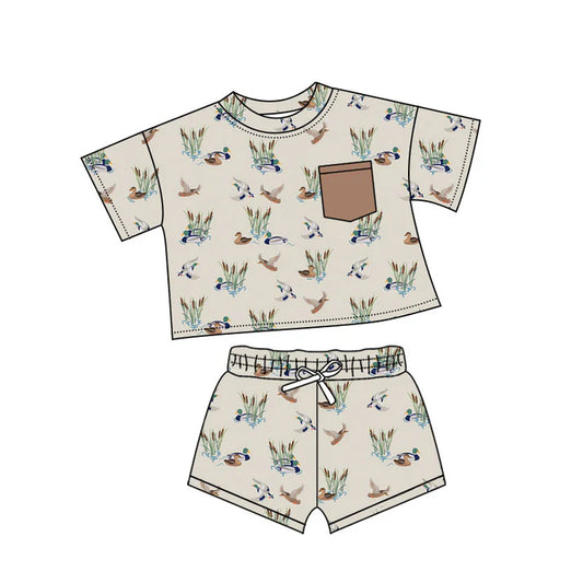 Preorder(moq 5) Baby Boys Ducks Plaid Pockets Top Shorts Clothes Sets 10.18