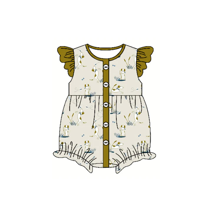 Preorder(moq 5)Baby Infant Girls Flutter Sleeves Button Dogs Bees Ruffle Rompers 5.15