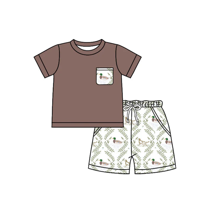 Preorder (moq 5)Baby Boys Dark Brown Short Sleeves Pocket Top Dogs Ducks Short Set 4.26