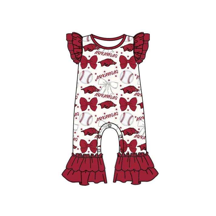 Preorder (moq 5)Baby Girls Dark Red Flutter Sleeves Baseball Bows Arkansas Ruffle Pant Team Rompers 6.16