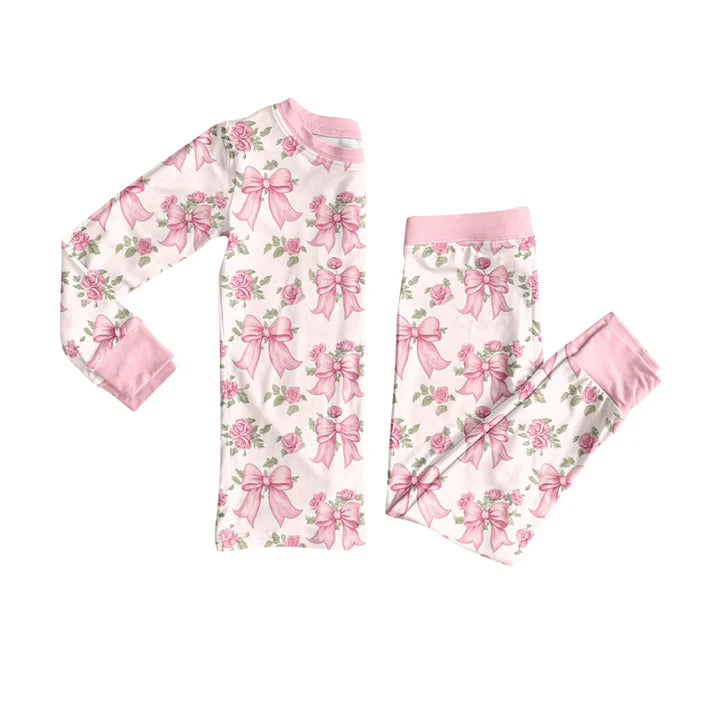 Preorder (moq 5)Baby Girls Long Sleeves Pink Flowers Bows Plaid Top Pants Pajamas Set 7.29