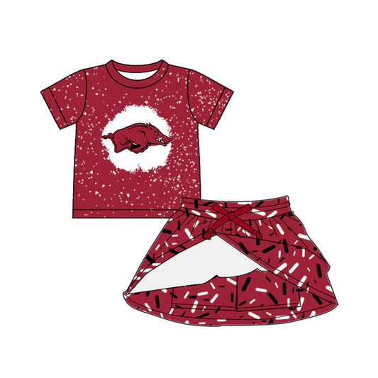 Preorder (moq 5)Baby Girls Dark Red Short Sleeves Bull Top Drip Skirts Team Set 6.17