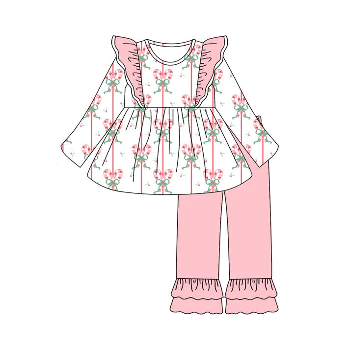 Preorder (moq 5)Baby Girls Long Sleeves Bows Candy Cane Stripe Tunic Ruffle Pant Set 6.18