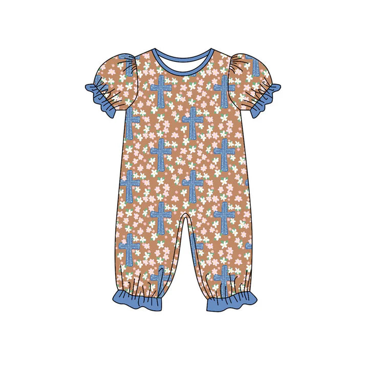 Preorder (moq 8)Baby Girls Flowers Crosses Easter Ruffle Footie Rompers 9.16