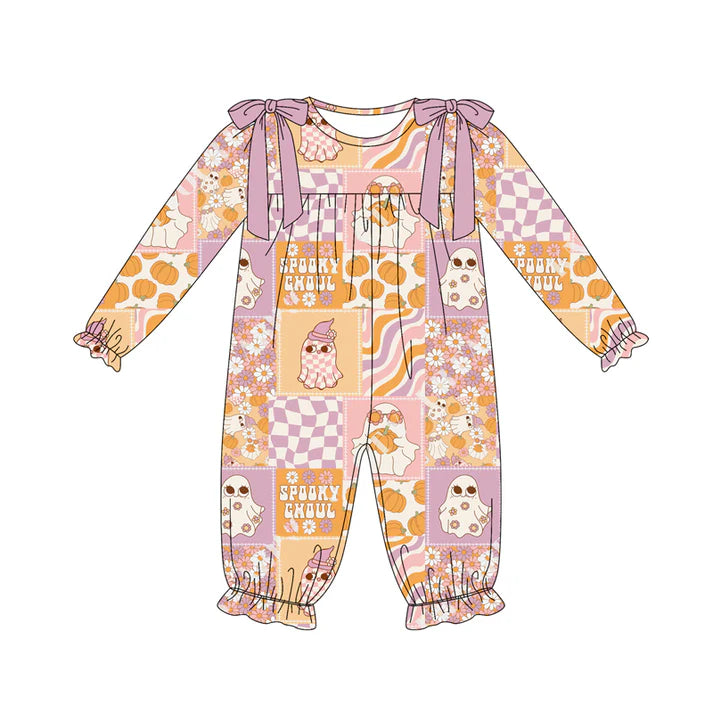 Preorder (moq 5)Baby Girls Long Sleeves Ghosts Pumpkins Plaid Ruffle Pant Romper 7.7