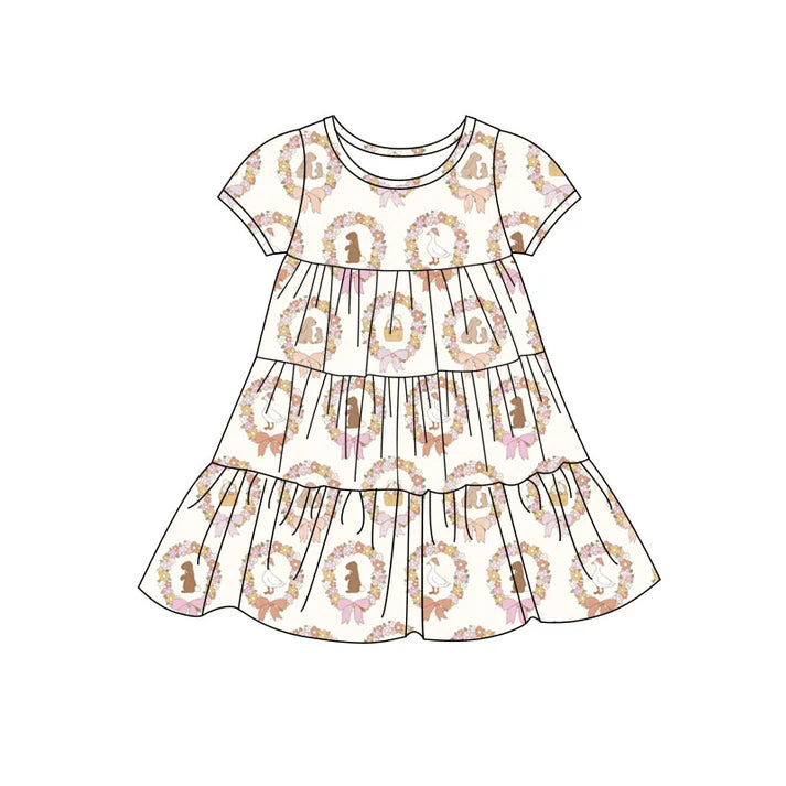 Preorder(moq 5) Baby Girls Rabbits Eggs Holly Easter Patchwork Ruffle Knee Length Dresses 11.7