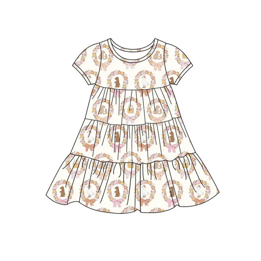 Preorder(moq 5) Baby Girls Rabbits Eggs Holly Easter Patchwork Ruffle Knee Length Dresses 11.7