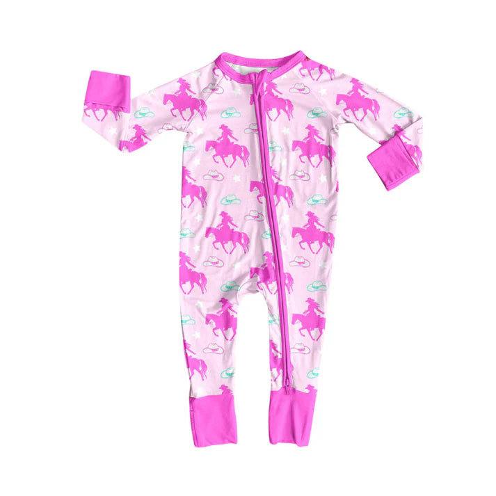 Preorder (moq 8)Baby Girls Horse Rodeos Hats Western Zipper Footie Rompers 10.1