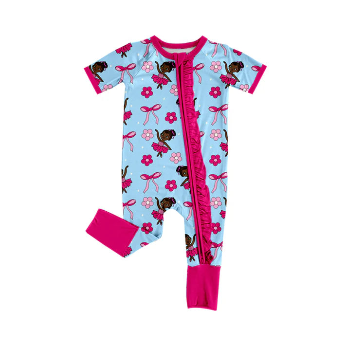 Preorder (moq 5)Baby Girls Bows Flowers Princesses Two Way Ruffle Zip Convertible Rompers 12.15