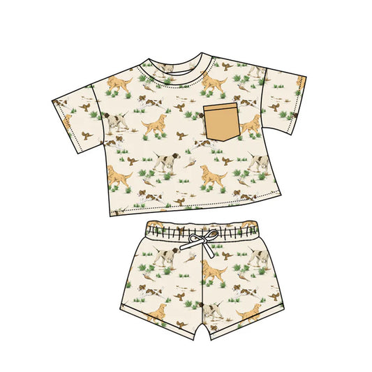 Preorder(moq 5) Baby Boys Ducks Dogs Plaid Pockets Top Shorts Clothes Sets 10.18