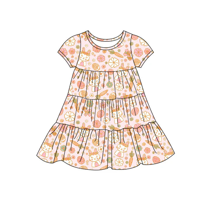 Preorder(moq 5) Baby Girls Rabbits Carrots Flowers Easter Patchwork Ruffle Knee Length Dresses 11.7