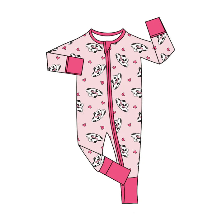 Preorder (moq 5)Baby Girls Howdy Cow Print Hats Hearts Western Zipper Footie Rompers 10.27
