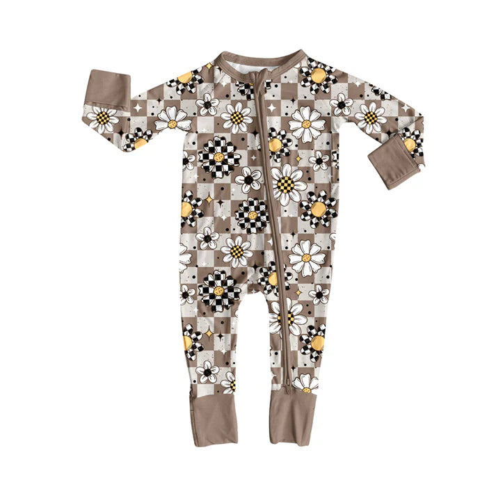 preorder(moq 5)Baby Infant Boys Long Sleeves Sun Flowers Plaid Zipper Rompers 7.31