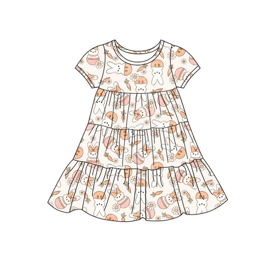 Preorder(moq 5) Baby Girls Rabbits Carrots Flowers Easter Patchwork Ruffle Knee Length Dresses 11.7