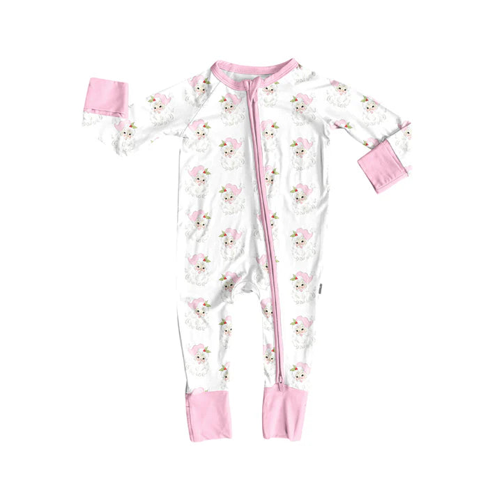Preorder (moq 5)Baby Girls Long Sleeves Pink Santa Holly Plaid Zipper Romper 7.2