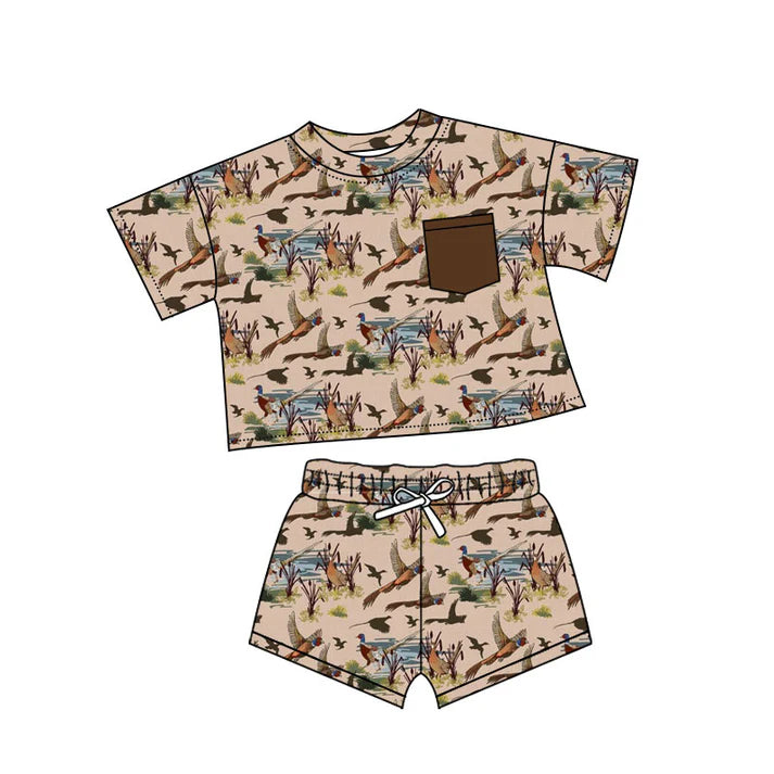 Preorder(moq 5) Baby Boys Ducks Plaid Pockets Top Shorts Clothes Sets 10.18