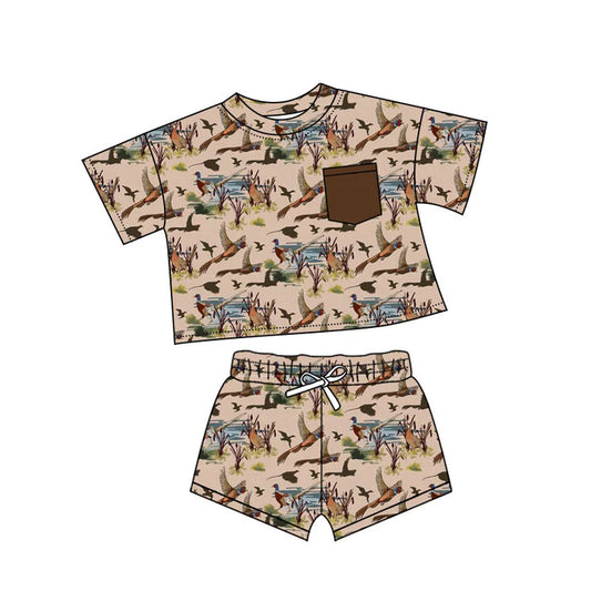 Preorder(moq 5) Baby Boys Ducks Plaid Pockets Top Shorts Clothes Sets 10.18