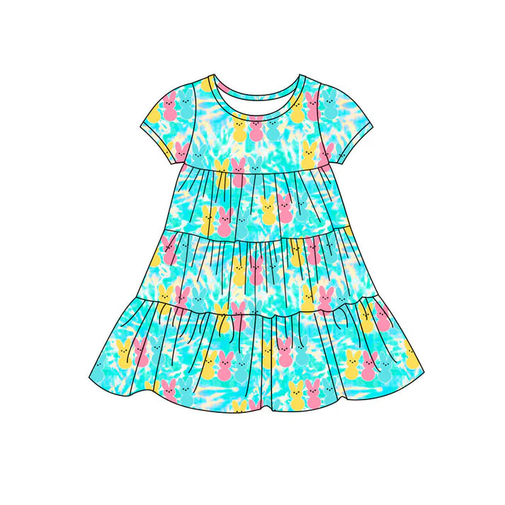 Preorder(moq 5) Baby Girls Colorful Rabbits Easter Patchwork Ruffle Knee Length Dresses 11.7