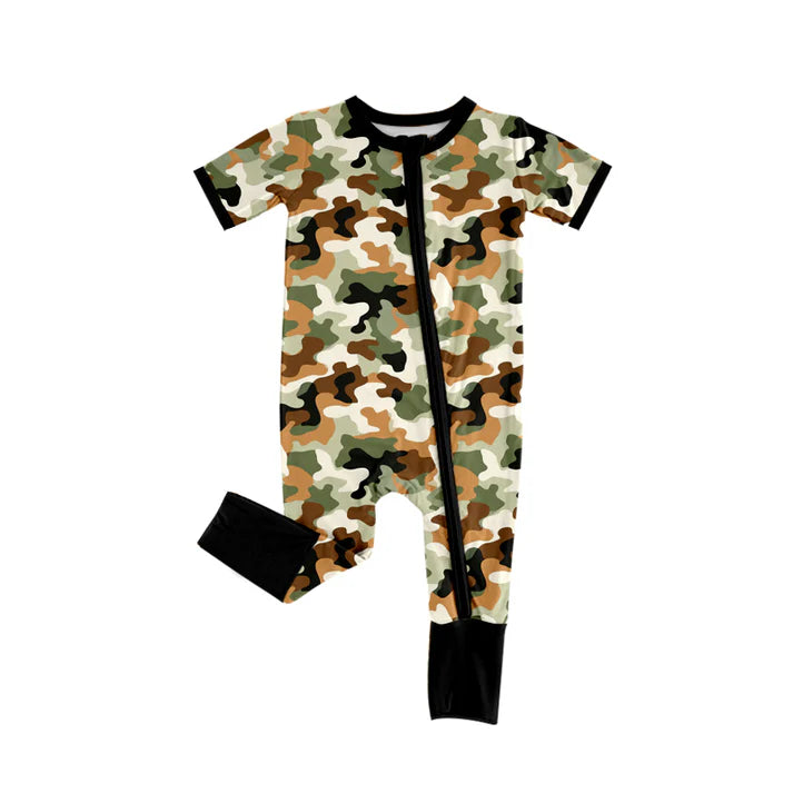 Preorder (moq 5)Baby Boys Short Sleeves Brown Yellow Camo Zipper Rompers 5.17