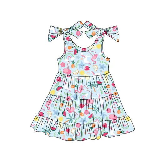 Preorder (moq 5)Baby Girls Blue Bows Strap Floral Flamingos Knee Length Dress 5.13