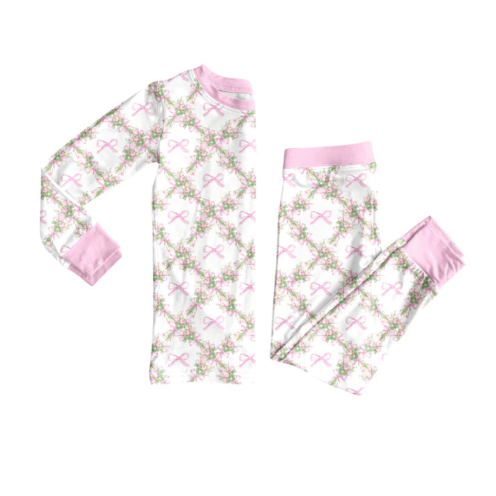 Preorder(moq 5) Baby Girls Long Sleeves Pink Bows Flowers Plaid Top Pants Pajamas Set 7.24