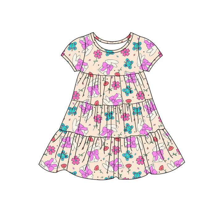 Preorder(moq 5) Baby Girls Butterfly Rabbits Easter Patchwork Ruffle Knee Length Dresses 11.7