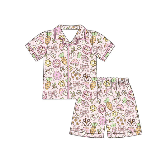 Preorder (moq 5)Baby Girls Rabbits Cups Flowers Button Top Shorts Easter Pajamas Sets 12.13