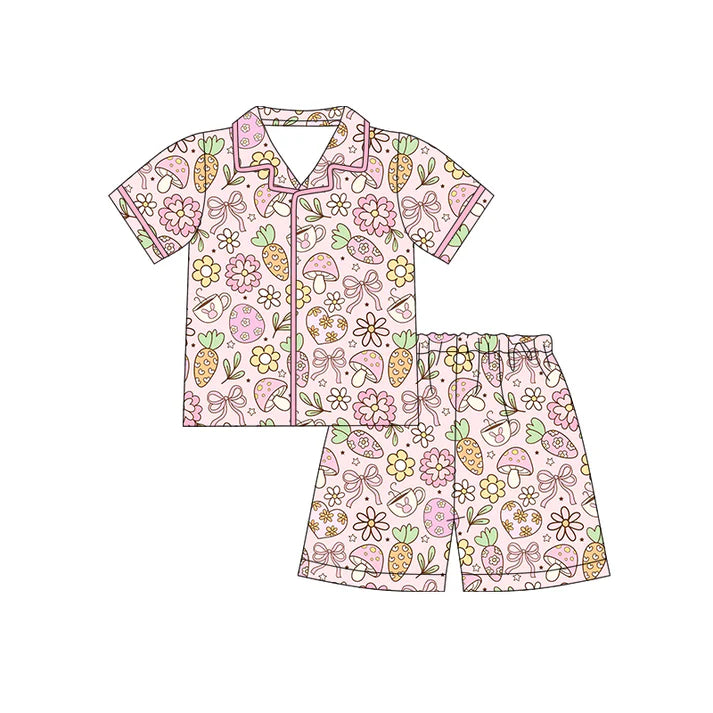 Preorder (moq 5)Baby Girls Rabbits Cups Flowers Button Top Shorts Easter Pajamas Sets 12.13