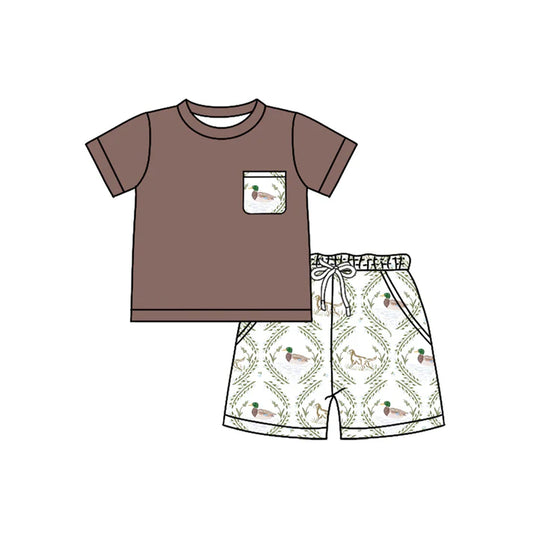 Preorder (moq 5)Baby Boys Dark Brown Short Sleeves Pocket Top Dogs Ducks Short Set 5.13