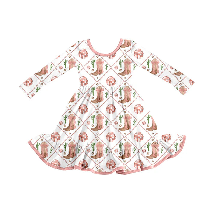 Preorder (moq 5)Baby Girls Western Boots Pink Ruffle Knee Length Dresses 8.12