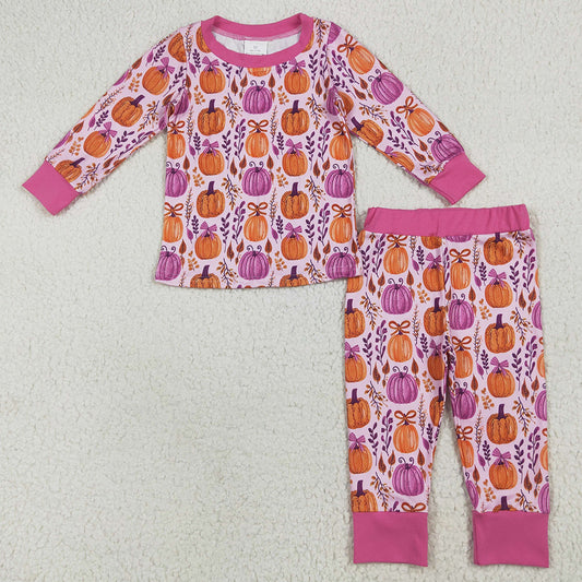 Baby Girls Pajamas Long Sleeves Pink Floral Pumpkins Top Pant Pajamas Sets GLP2415 6.9