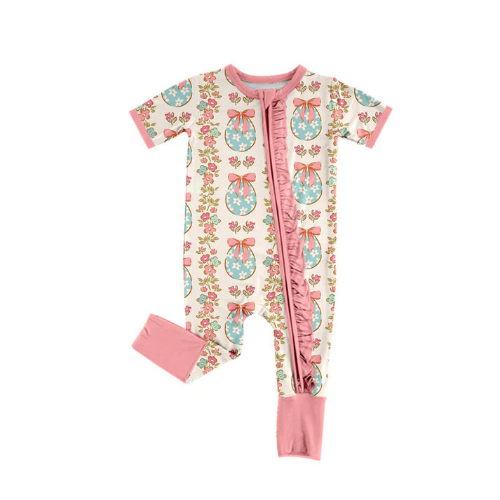 Preorder (moq 8)Baby Girls Eggs Flowers Stripe Easter Ruffle Zipper Footie Rompers 9.12