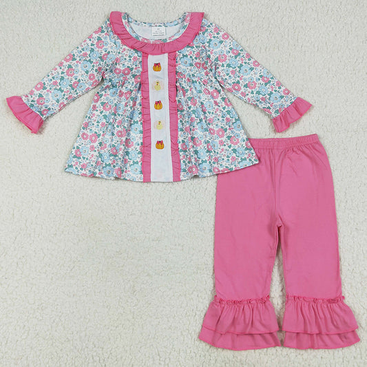 Embroidery Baby Girls Clothes Floral Turkey Pumpkins Tunic Ruffle Pant Sets GLP2352 6.24