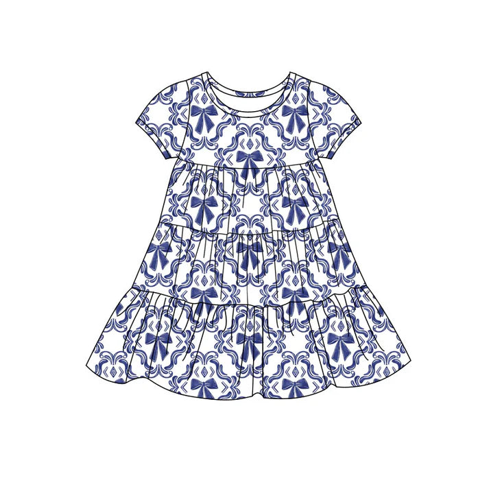 Preorder(moq 5) Baby Girls Navy Bows Checked Patchwork Ruffle Knee Length Dresses 11.14