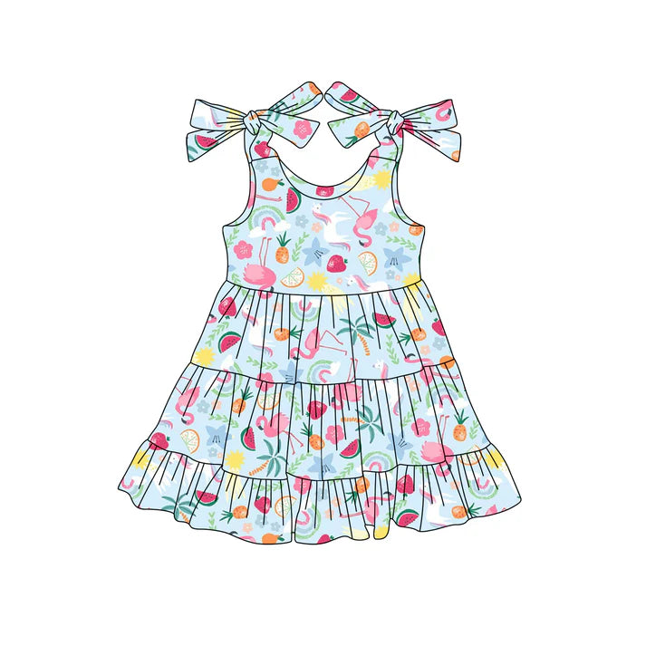 Preorder (moq 5)Baby Girls Blue Bows Strap Floral Flamingos Knee Length Dress 4.25