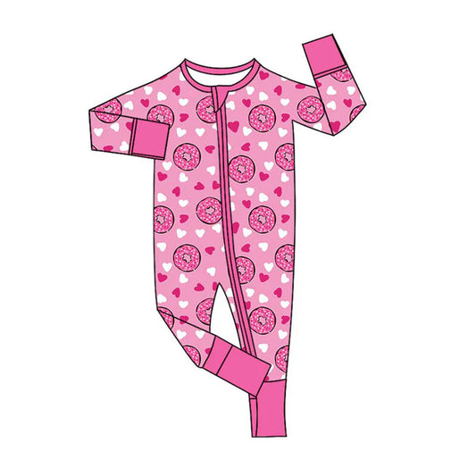 Preorder (moq 5)Baby Girls Pink Donuts Hearts Valentines Zip Convertible Rompers 11.20
