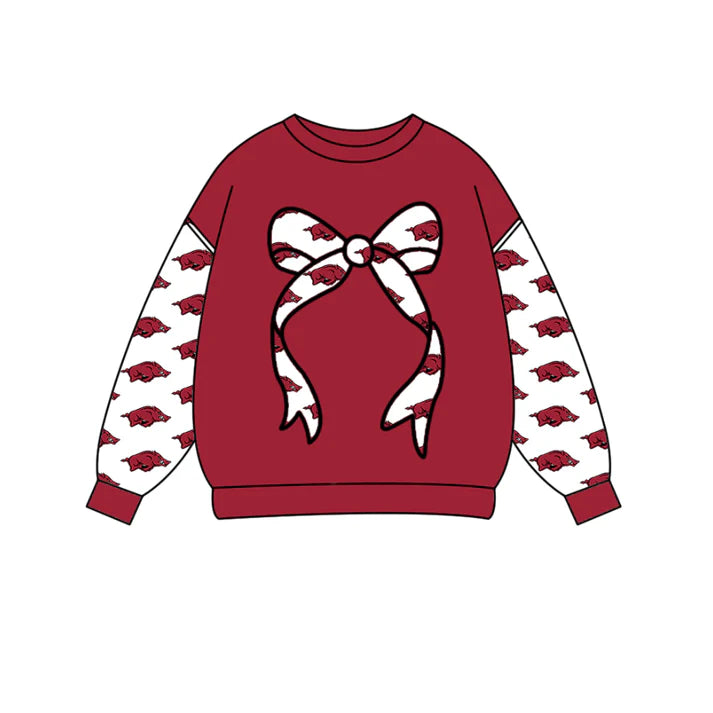 Preorder Moq 5 Baby Girls Red Long Sleeve Bulls Bows Team Tee Shirts Top 10.16