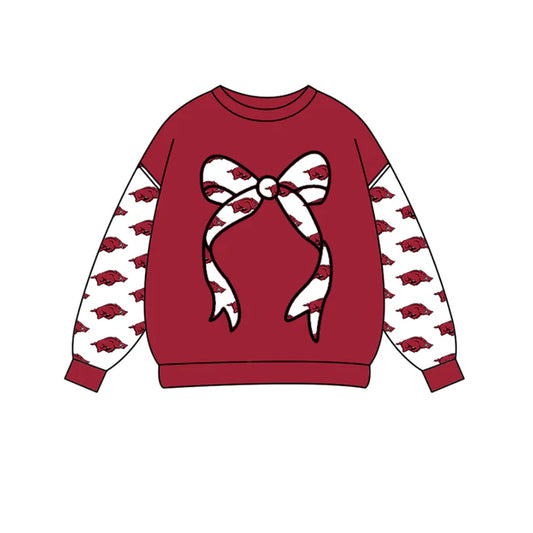 Preorder Moq 5 Baby Girls Red Long Sleeve Bulls Bows Team Tee Shirts Top 10.16