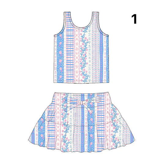 Preorder (moq 5)Baby Girls Flowers Stripe Vests Top Skirt Shorts Clothes Sets 1.14